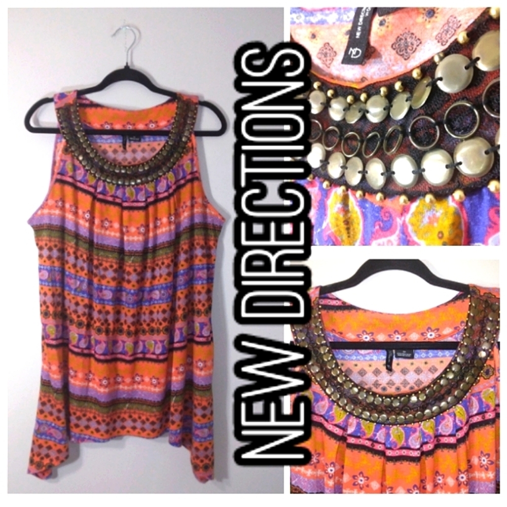 New Directions Woman High Cut Shoulder tunic tank w/ embellished neckline Sz XL